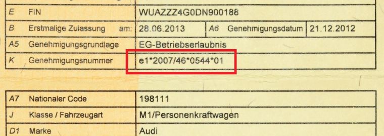 Gelber Zulassungsschein (Österreich): die Genehmigungsnummer steht in Feld K